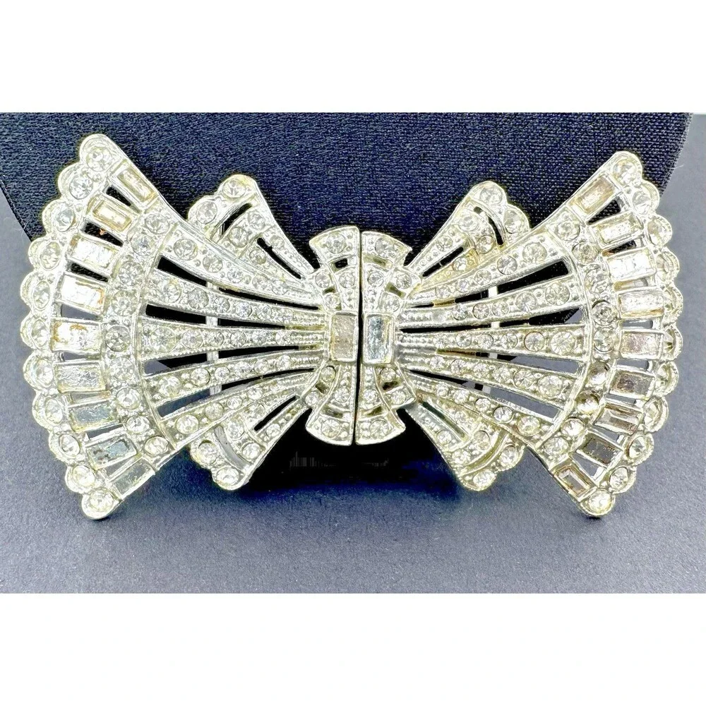 Antique VOC Art Deco Rhinestone Sash Belt Buckle 1920s 1930s Signed Two Piece